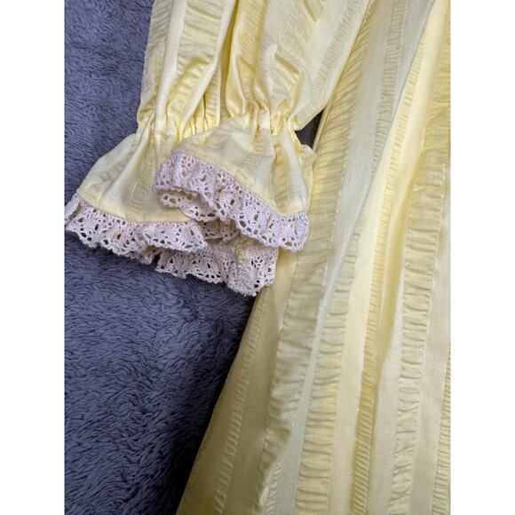 Vintage Prairie Maxi Dress Yellow Lace Trim Long Sleeve Romantic 80s Cottagecore - Picture 10 of 13